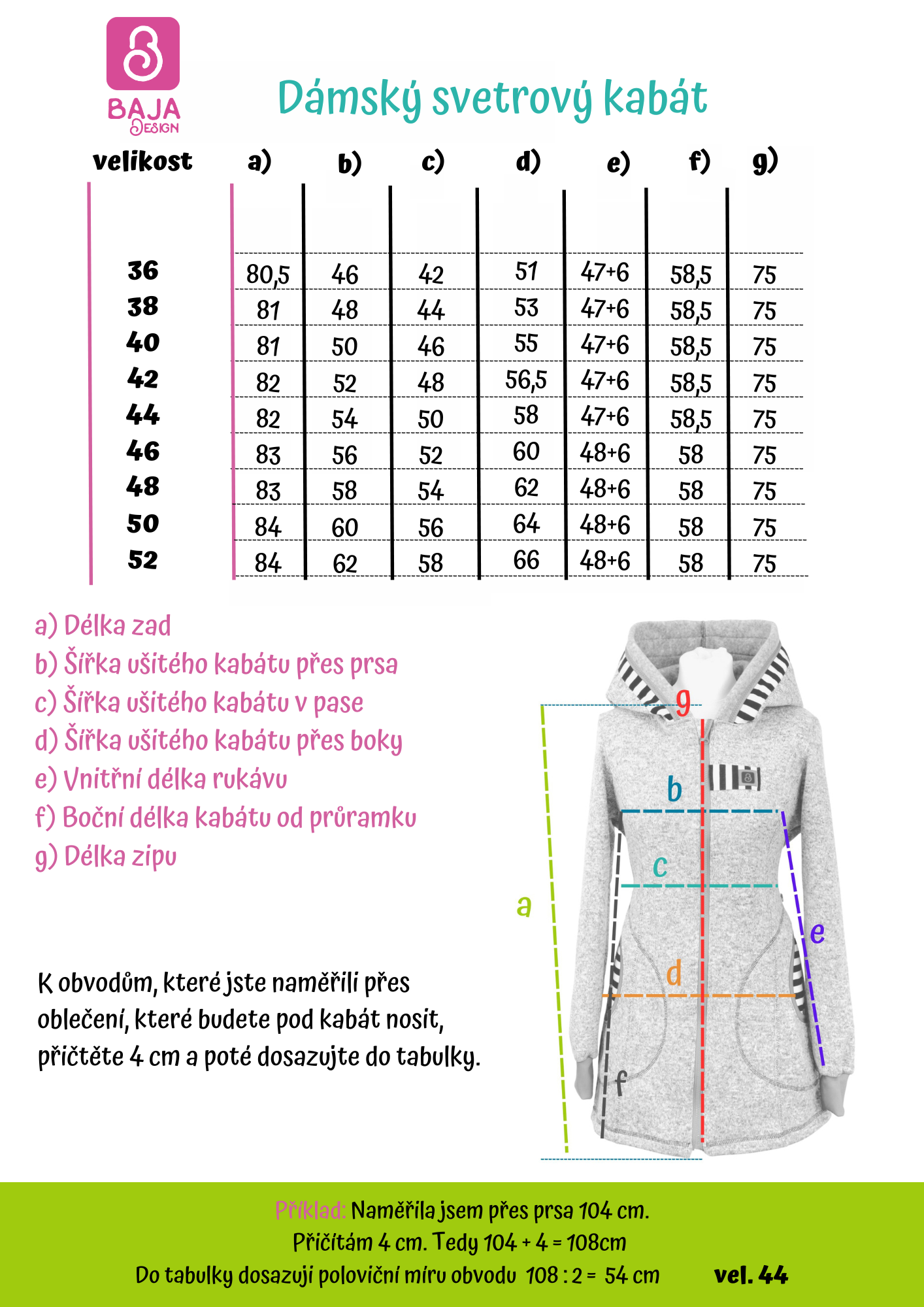 Vel. tabulka SVETROVÝ dámský kabát